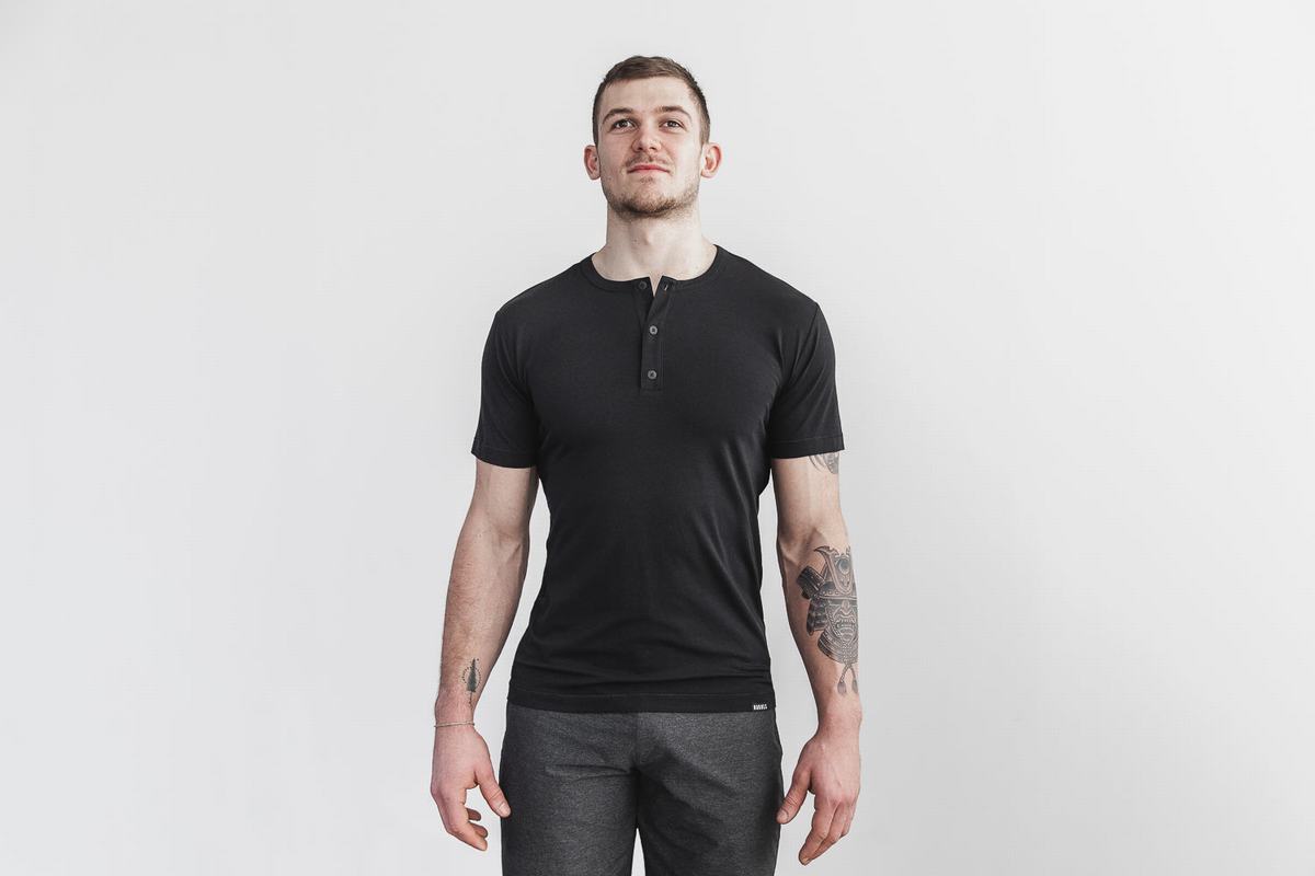 Nobull Lightweight Henley Men's T Shirts Black | Australia (NR0172)